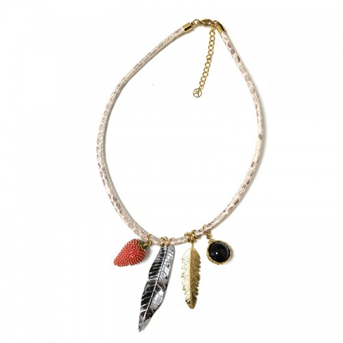 COLLANA IN CORDA DI PELLE MACULATA CON PENDENTI - YNK24112B714