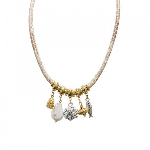 COLLANA IN CORDA DI PELLE MACULATA CON PENDENTI - YNK24116B713