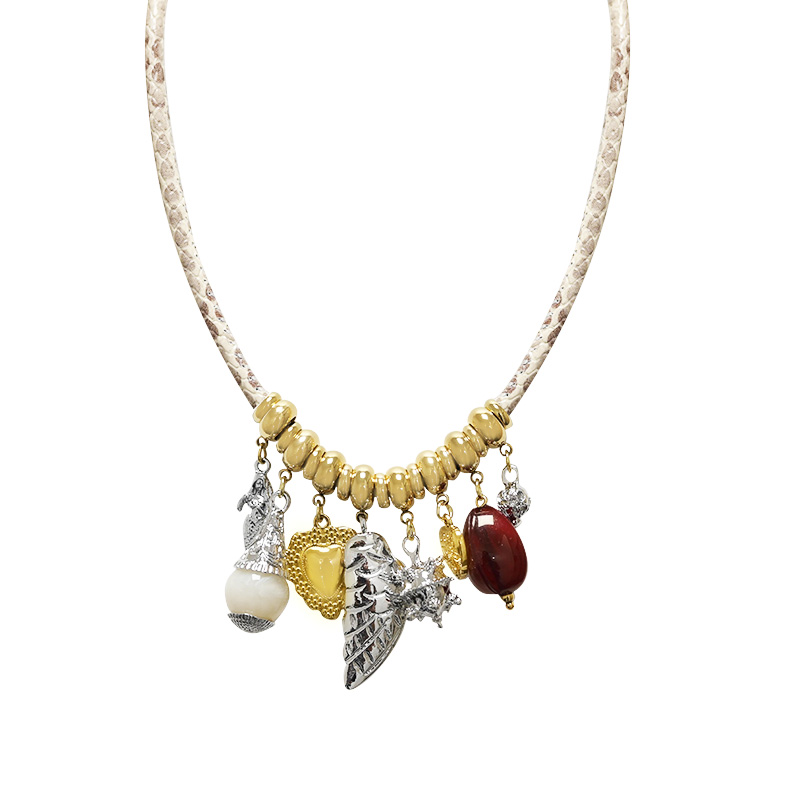 COLLANA IN CORDA DI PELLE MACULATA CON PENDENTI - YNK241184B715 COLLANA IN CORDA DI PELLE MACULATA CON PENDENTI - YNK241184B715