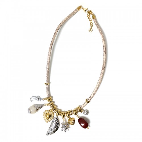 COLLANA IN CORDA DI PELLE MACULATA CON PENDENTI - YNK241184B715
