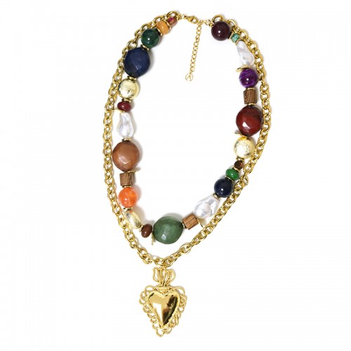 COLLANA DOPPIO FILO CON PERLINE E CATENA CON PENDENTE CUORE - YNK241424B696