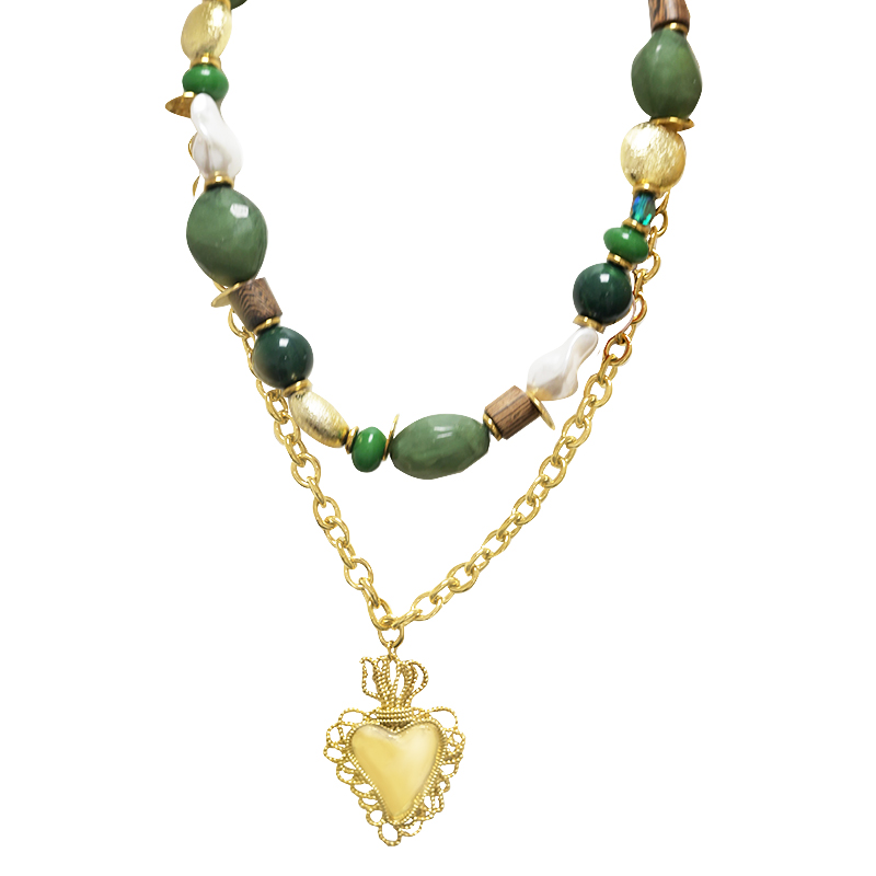 COLLANA DOPPIO FILO CON PERLINE E CATENA CON PENDENTE CUORE - YNK241424B696 COLLANA DOPPIO FILO CON PERLINE E CATENA CON PENDENTE CUORE - YNK241424B696