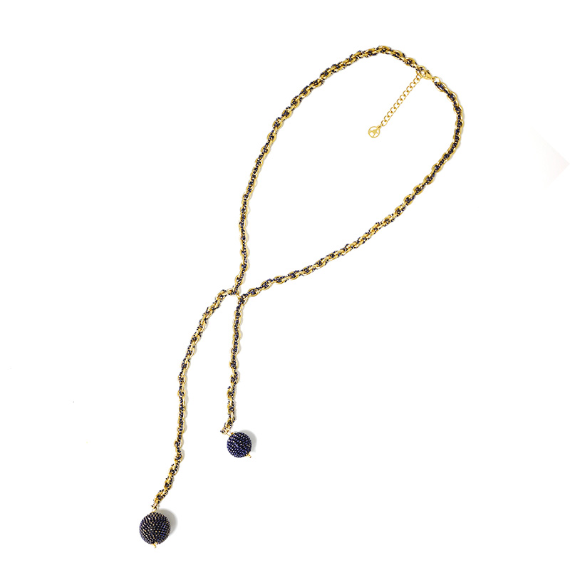 COLLANA LARIAT INTRECCIATA DORATA CON PERLINE SMALTATE E PENDENTI SFERICI - YNK241504B832