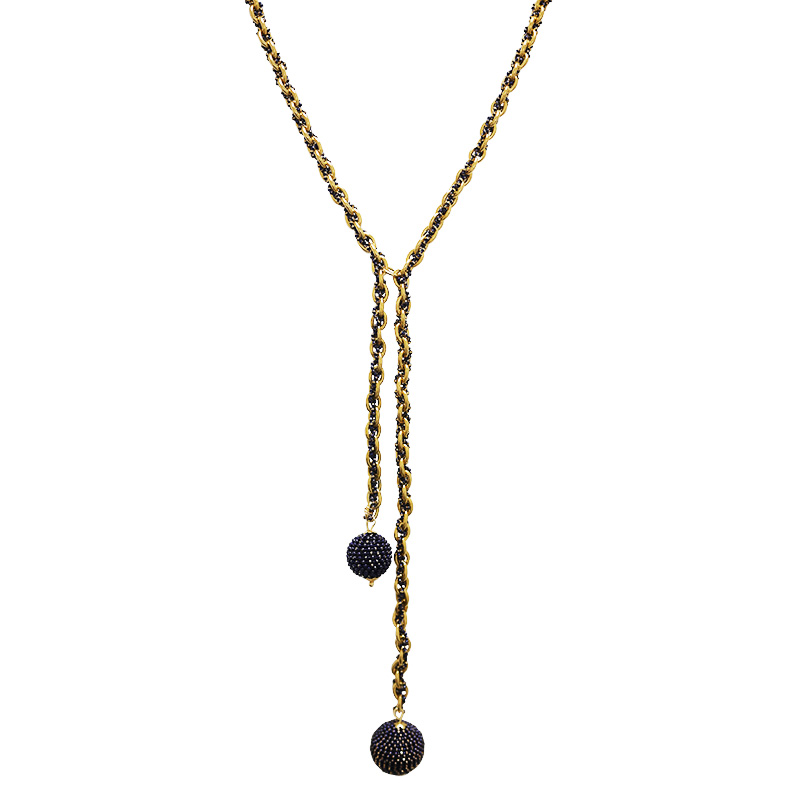 COLLANA LARIAT INTRECCIATA DORATA CON PERLINE SMALTATE E PENDENTI SFERICI - YNK241504B832