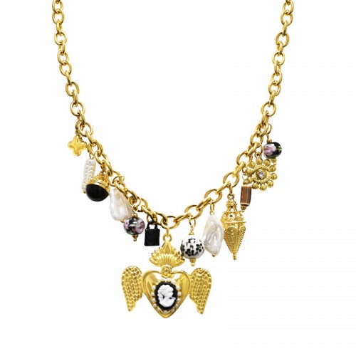 COLLANA A CATENA CON CHARMS CUORE SACRO CON ALI - YNK25184C379