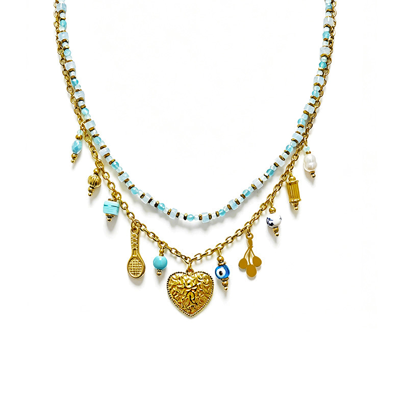 COLLANA DOPPIO FILO CON PIETRE COLORATE E CHARMS - YNK26150C727