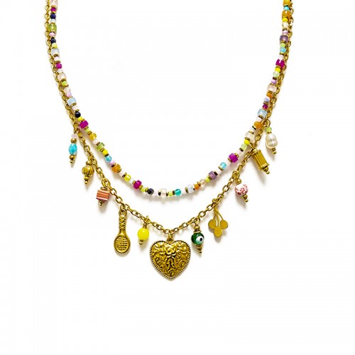 COLLANA DOPPIO FILO CON PIETRE COLORATE E CHARMS - YNK26150C727