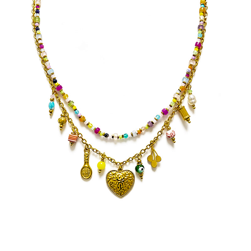 COLLANA DOPPIO FILO CON PIETRE COLORATE E CHARMS - YNK26150C727