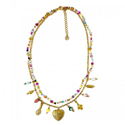 COLLANA DOPPIO FILO CON PIETRE COLORATE E CHARMS - YNK26150C727