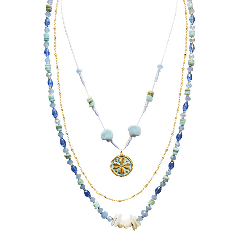 COLLANA LUNGA A TRE FILI CON PERLINE E CIONDOLO QUADRIFOGLIO - YY25140C641