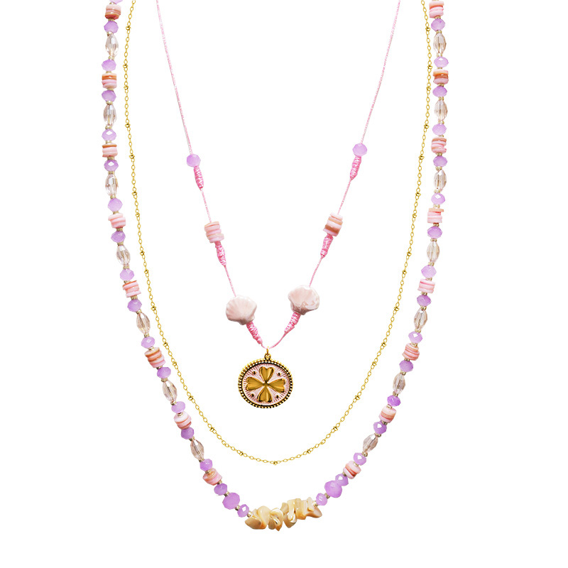 COLLANA LUNGA A TRE FILI CON PERLINE E CIONDOLO QUADRIFOGLIO - YY25140C641