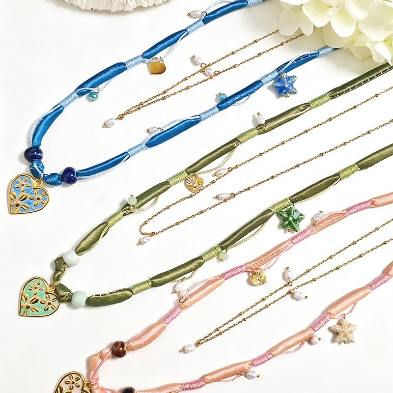 COLLANA LUNGA A DOPPIO FILO CON PERLINE E CIONDOLO CUORE FLOREALE - YY25140C646