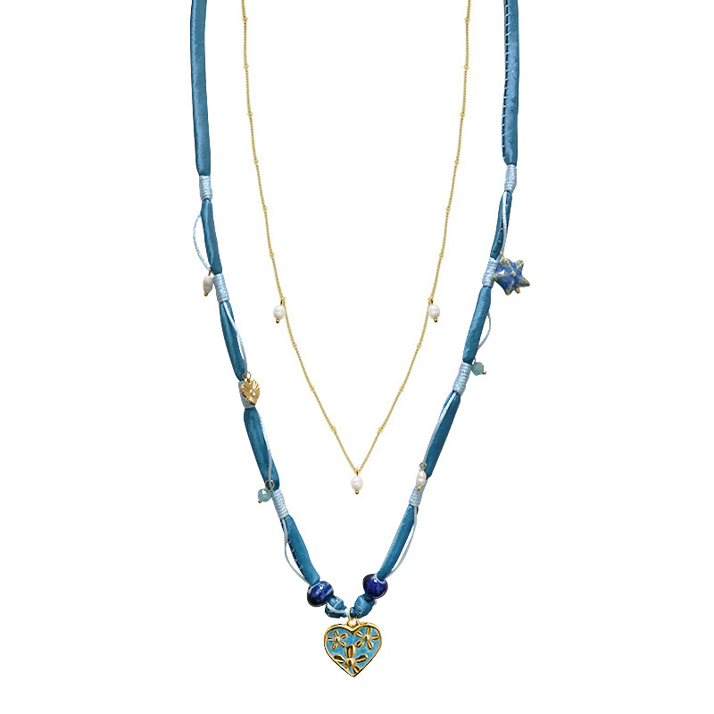 COLLANA LUNGA A DOPPIO FILO CON PERLINE E CIONDOLO CUORE FLOREALE - YY25140C646