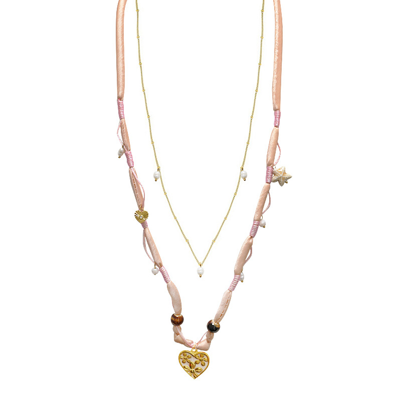 COLLANA LUNGA A DOPPIO FILO CON PERLINE E CIONDOLO CUORE FLOREALE - YY25140C646