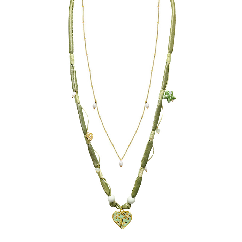 COLLANA LUNGA A DOPPIO FILO CON PERLINE E CIONDOLO CUORE FLOREALE - YY25140C646