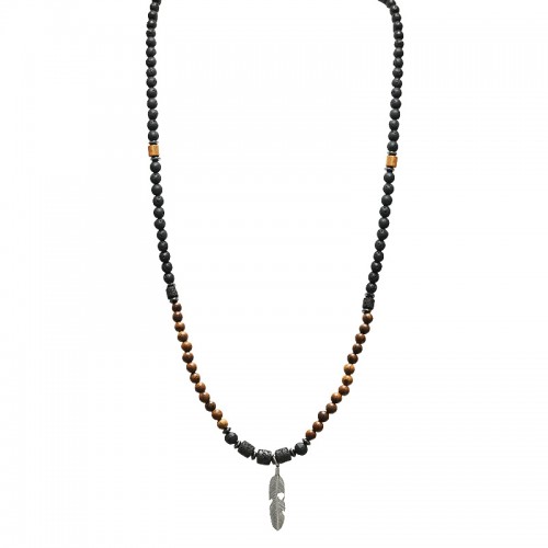 COLLANA LUNGA DA UOMO CON PERLINE IN PIETRA E PENDENTE PIUMA - DS2444B942