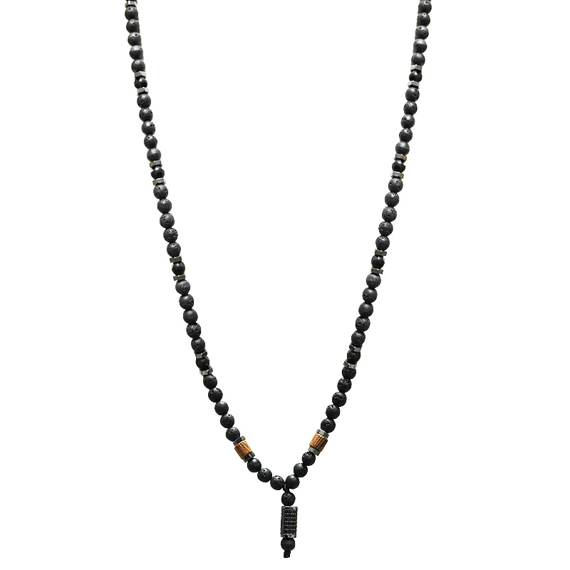 COLLANA LUNGA DA UOMO CON PERLINE IN PIETRA E PENDENTE RETTANGOLO - DS2444B944