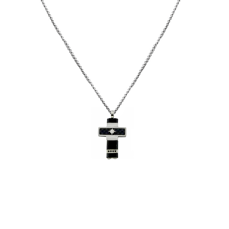 COLLANA UOMO CON CIONDOLO CROCE CON ZIRCONI NERI - RD24108B600 COLLANA UOMO CON CIONDOLO CROCE CON ZIRCONI NERI - RD24108B600
