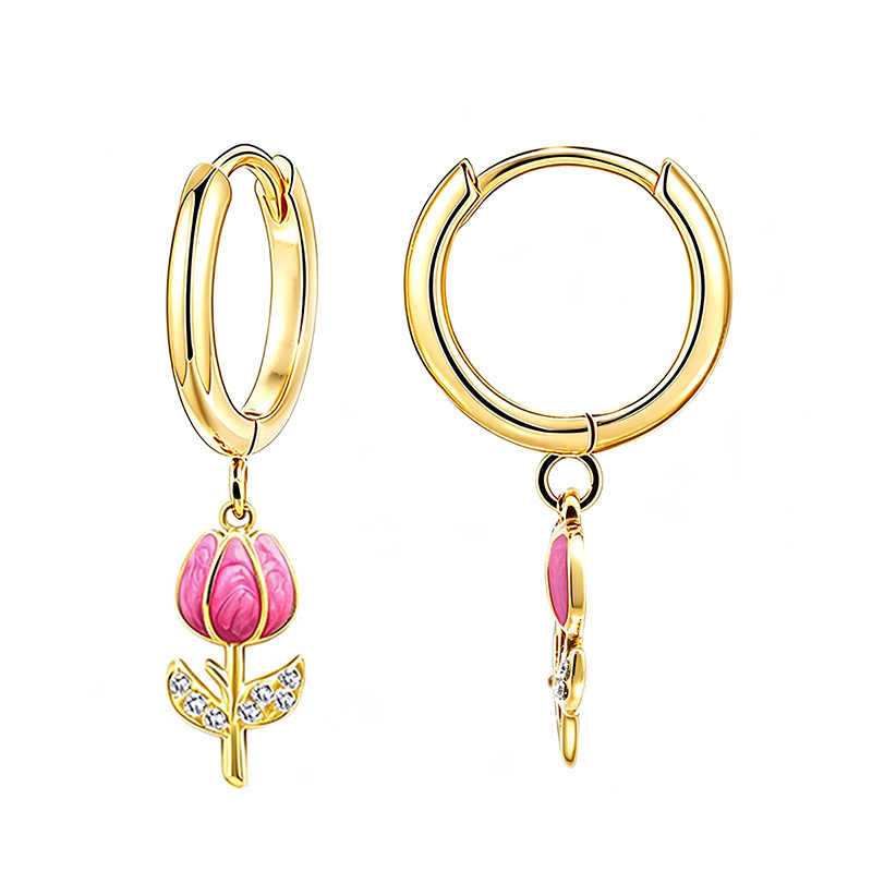 ORECCHINI A CERCHIO CON PENDENTE TULIPANO IN SMALTO E STRASS - FJ2648D039