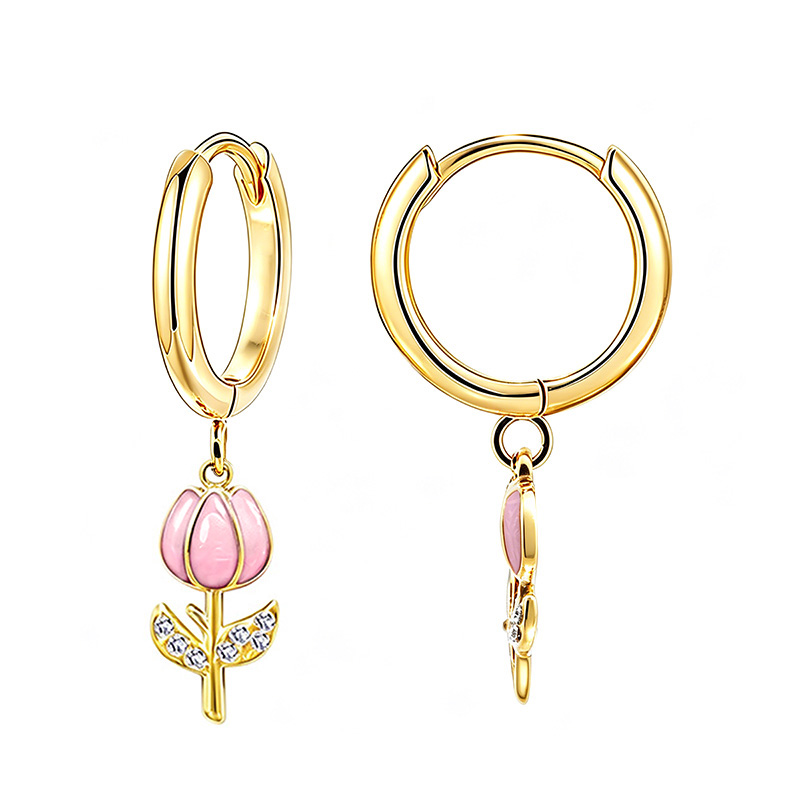 ORECCHINI A CERCHIO CON PENDENTE TULIPANO IN SMALTO E STRASS - FJ2648D039