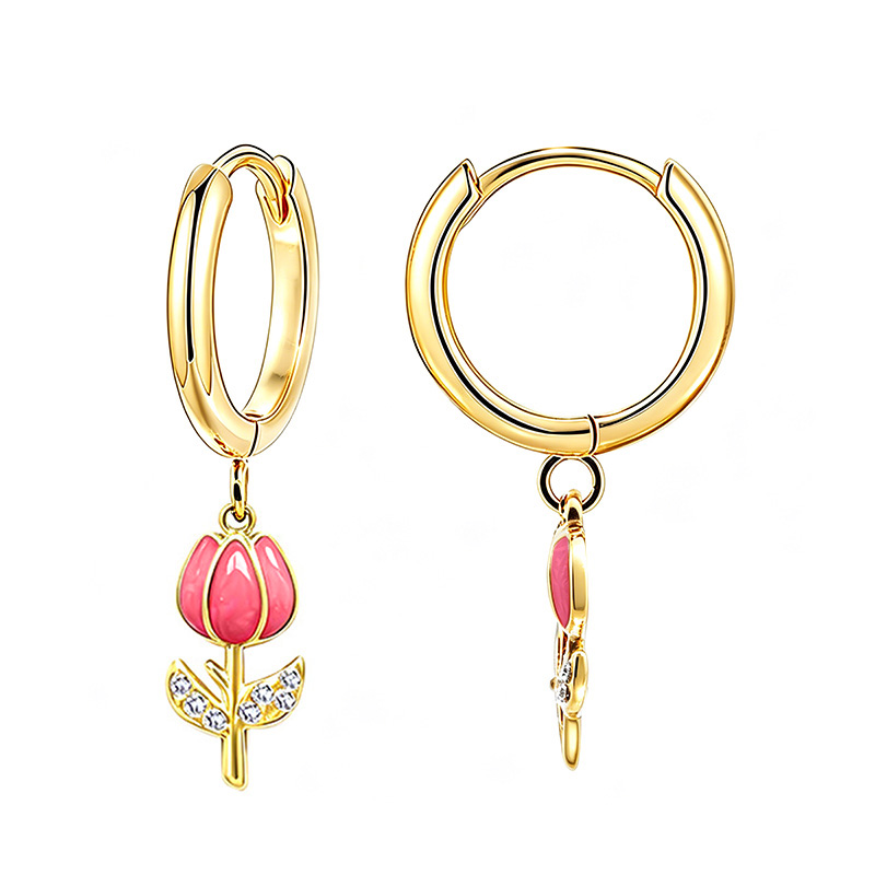 ORECCHINI A CERCHIO CON PENDENTE TULIPANO IN SMALTO E STRASS - FJ2648D039