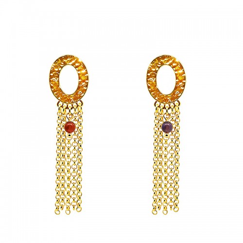 ORECCHINI PENDENTI CON OVALE MARTELLATO CATENE E PIETRA – S16363R