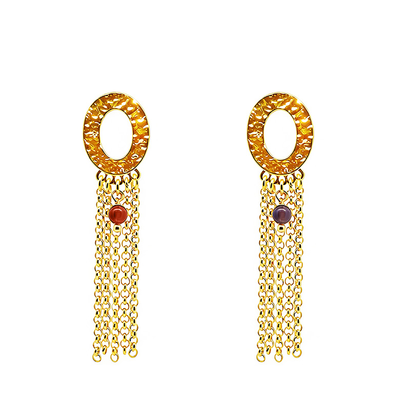 ORECCHINI PENDENTI CON OVALE MARTELLATO CATENE E PIETRA – S16363R