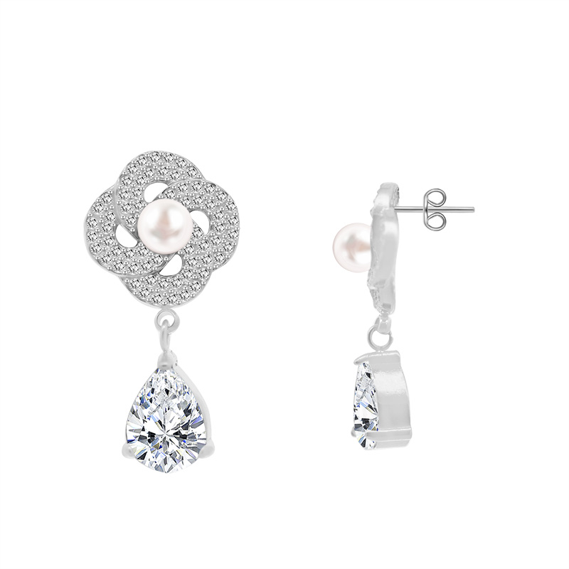 ORECCHINI PENDENTI FIORE CON PERLA E ZIRCONI - YC2488B964