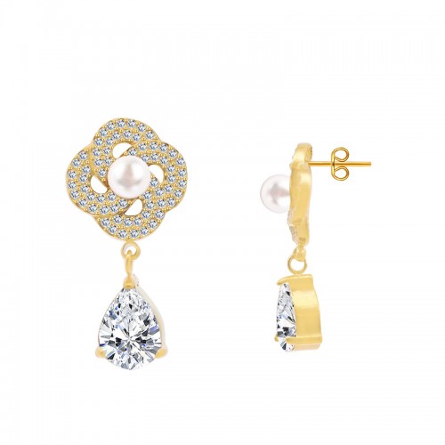 ORECCHINI PENDENTI FIORE CON PERLA E ZIRCONI - YC2488B964