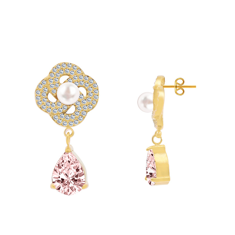 ORECCHINI PENDENTI FIORE CON PERLA E ZIRCONI - YC2488B964