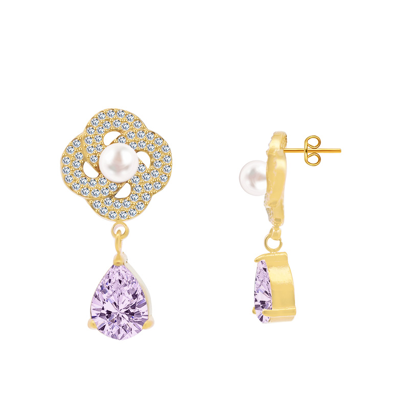 ORECCHINI PENDENTI FIORE CON PERLA E ZIRCONI - YC2488B964