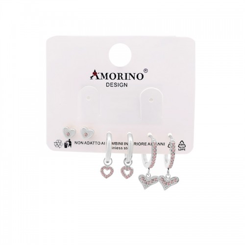 SET DI 6 ORECCHINI A CUORE CON ZIRCONI ROSA - YC25112C29
