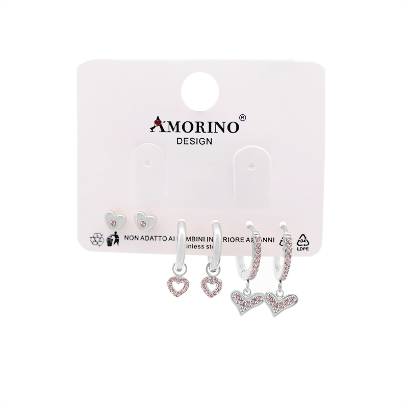 SET DI 6 ORECCHINI A CUORE CON ZIRCONI ROSA - YC25112C29