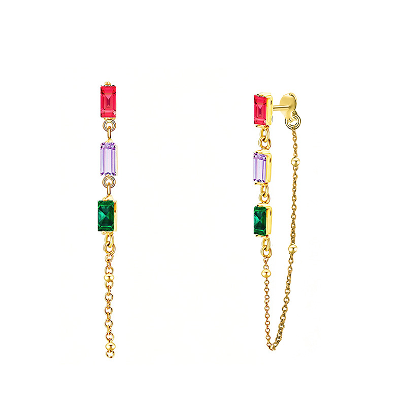 ORECCHINI PENDENTI CON CATENELLA E ZIRCONI RETTANGOLARI COLORATI - YC2660C889