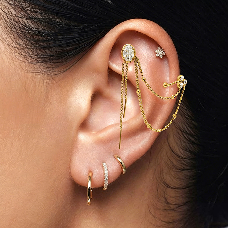 ORECCHINO SINGOLO CON EAR CUFF, DOPPIA CATENA E ZIRCONI - YC2664C914