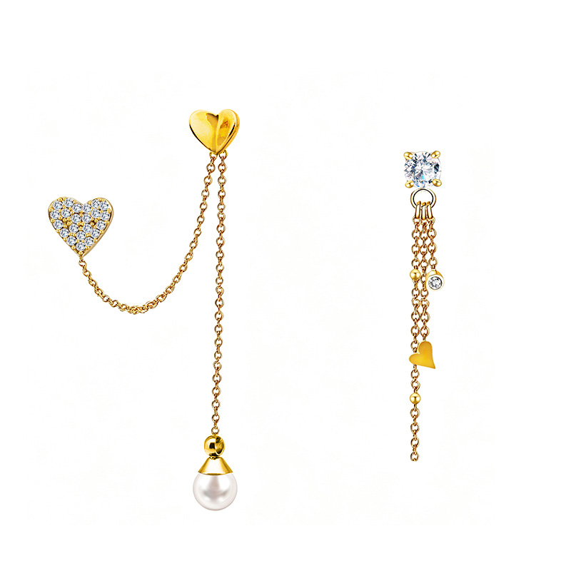 ORECCHINI ASIMMETRICI A CATENA CON CUORI, PERLA E ZIRCONI - YC2672C956