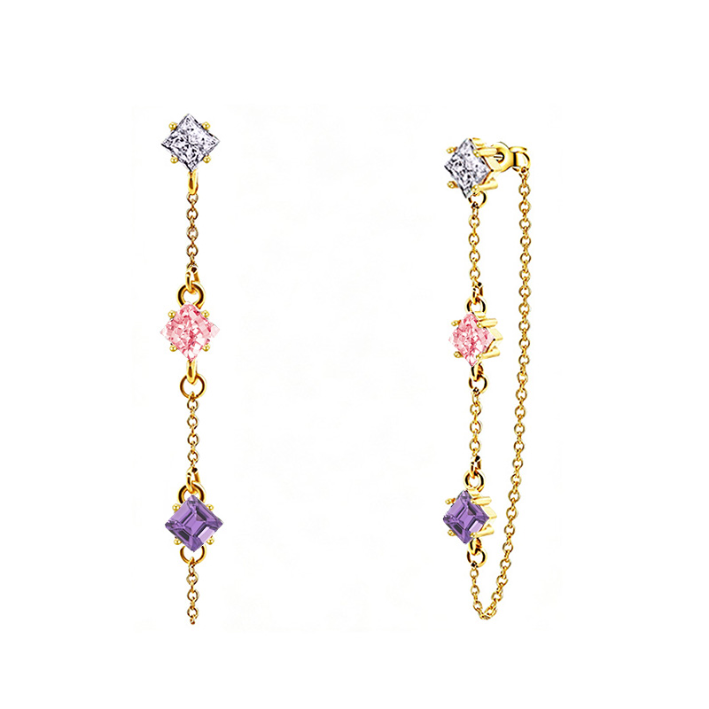 ORECCHINI PENDENTI CON CATENELLA E ZIRCONI A ROMBO COLORATI - YC2676C894