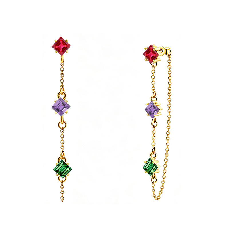 ORECCHINI PENDENTI CON CATENELLA E ZIRCONI A ROMBO COLORATI - YC2676C894