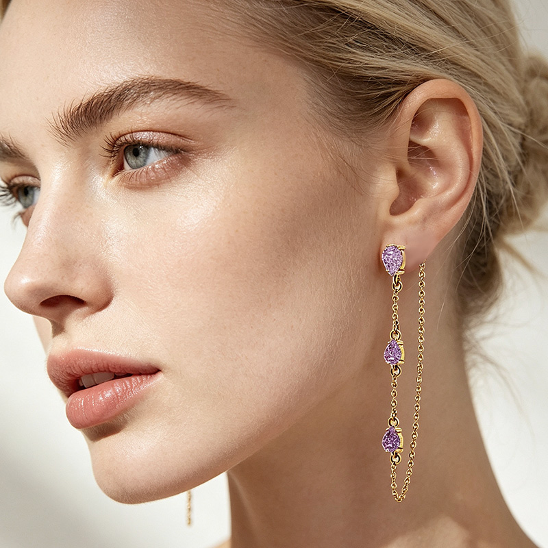 ORECCHINI PENDENTI CON CATENELLA E ZIRCONI A GOCCIA COLORATI - YC2676C895