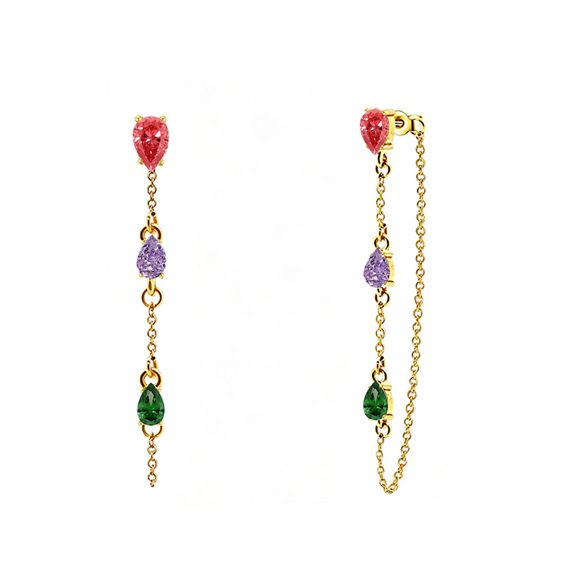 ORECCHINI PENDENTI CON CATENELLA E ZIRCONI A GOCCIA COLORATI - YC2676C895
