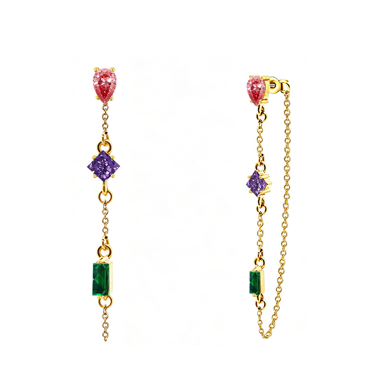 ORECCHINI PENDENTI CON CATENELLA E ZIRCONI MULTIFORMA COLORATI - YC2676C896