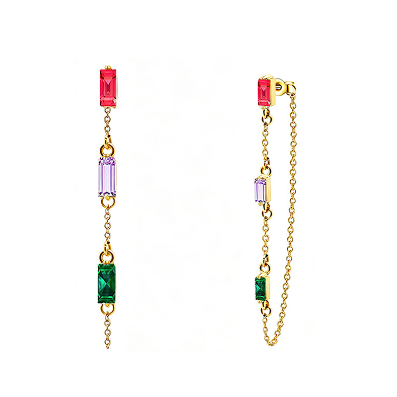 ORECCHINI PENDENTI CON CATENELLA E ZIRCONI RETTANGOLARI COLORATI - YC2676C897