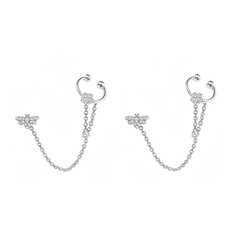 ORECCHINI A CATENA CON EAR CUFF, FIORE E APE IN ZIRCONI - YC2680C915