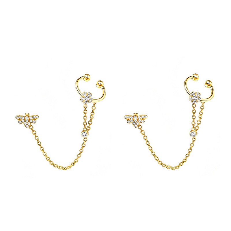 ORECCHINI A CATENA CON EAR CUFF, FIORE E APE IN ZIRCONI - YC2680C915