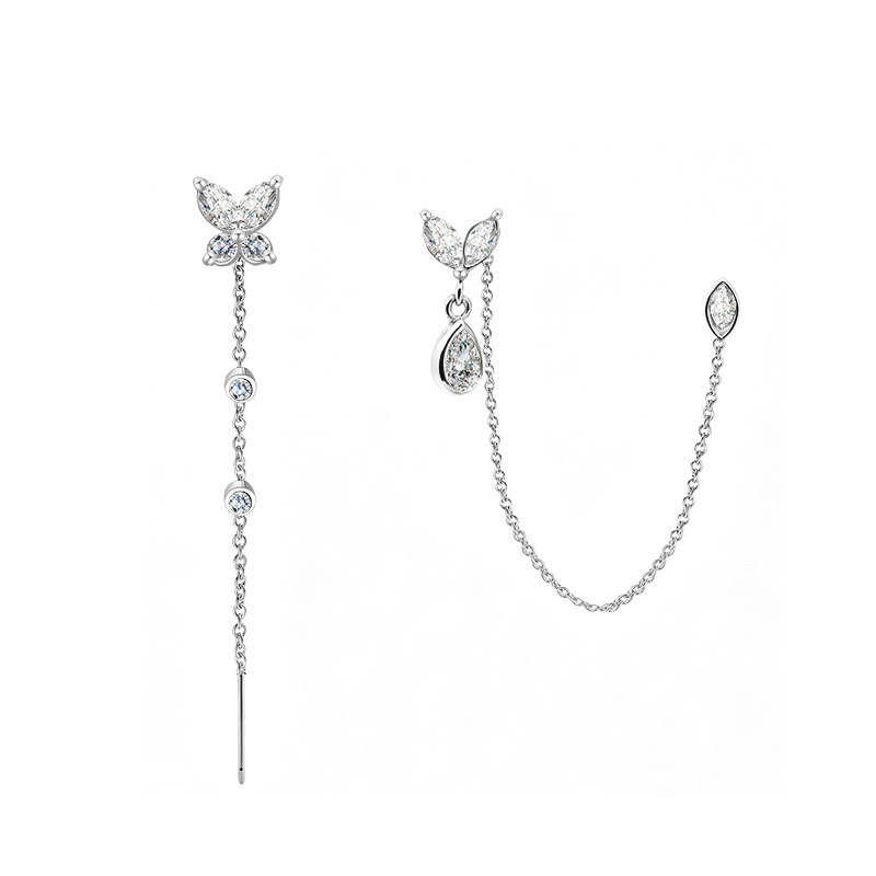 ORECCHINI PENDENTI ASIMMETRICI CON CATENE E ZIRCONI - YC2680C934