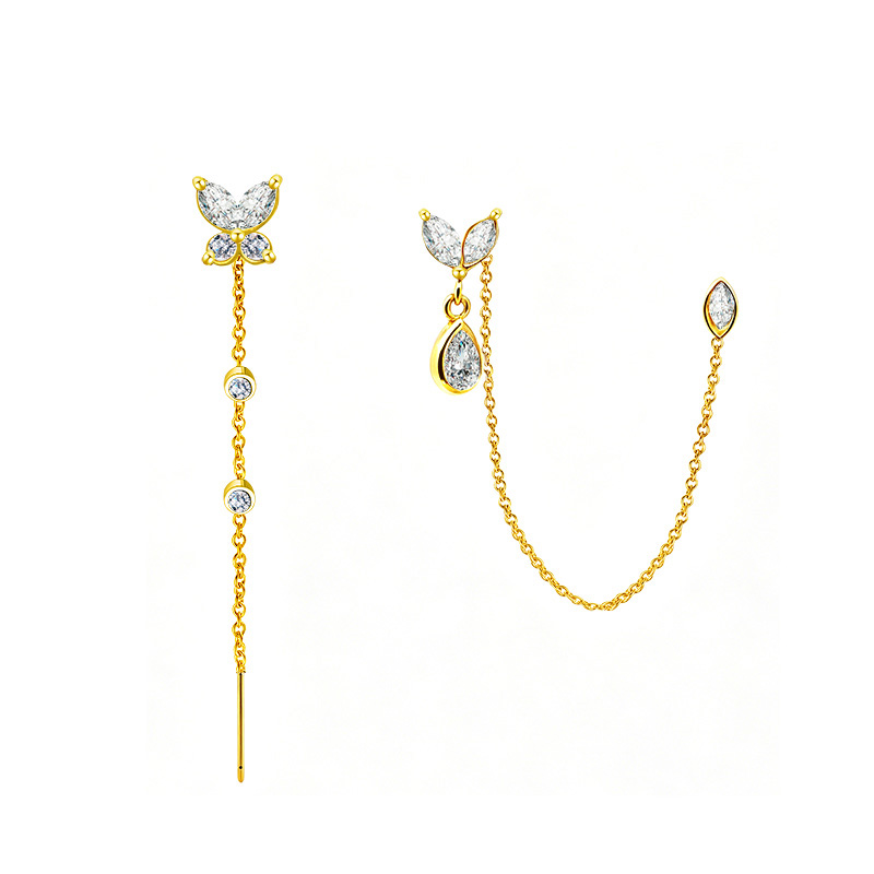 ORECCHINI PENDENTI ASIMMETRICI CON CATENE E ZIRCONI - YC2680C934