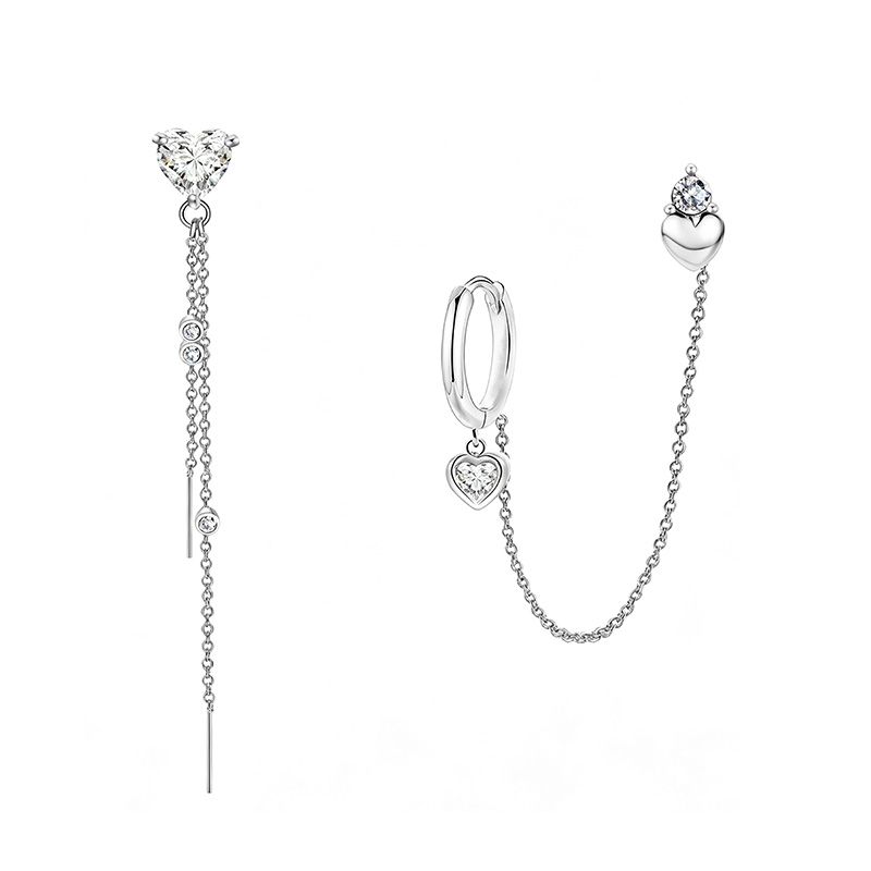 ORECCHINI ASIMMETRICI A CATENA CON CUORI E ZIRCONI - YC2680C952