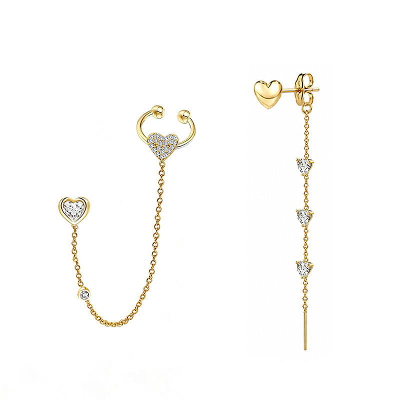 ORECCHINI ASIMMETRICI A CATENA CON CUORI, ZIRCONI E EAR CUFF - YC2688C933