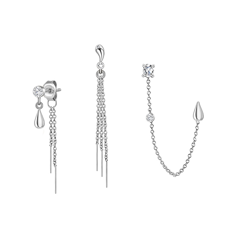 SET ORECCHINI ASIMMETRICI CON CATENA, ZIRCONI E GOCCE - YC2688C950