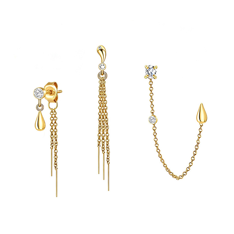 SET ORECCHINI ASIMMETRICI CON CATENA, ZIRCONI E GOCCE - YC2688C950